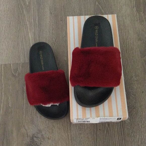 Fur Slides Burgundy size 5 - Picture 6 of 8